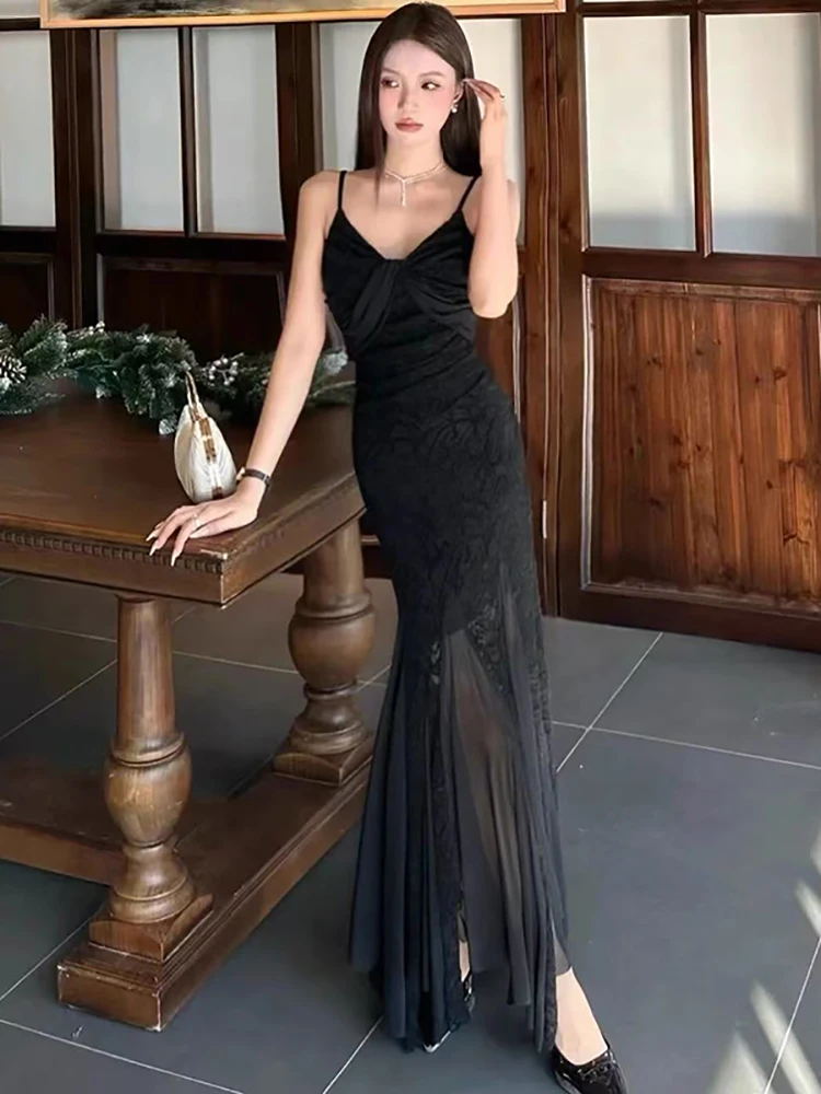 

Весенне-летнее черное кружевное платье с сетчатыми вставками и оборками, длинное, элегантное, роскошное, на бретельках, сексуальное, 2026, корейское облегающее платье для вечеринок
