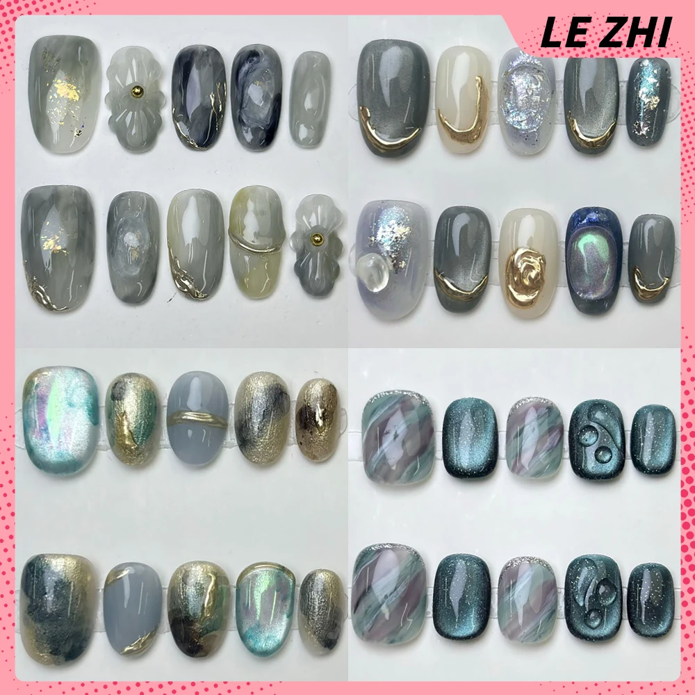 

Vintage Cat Eyes Gradients Handmande Wearable Manicure Flowers Diamond Pearl Short Square Ellipse Design Nail Party Sticker