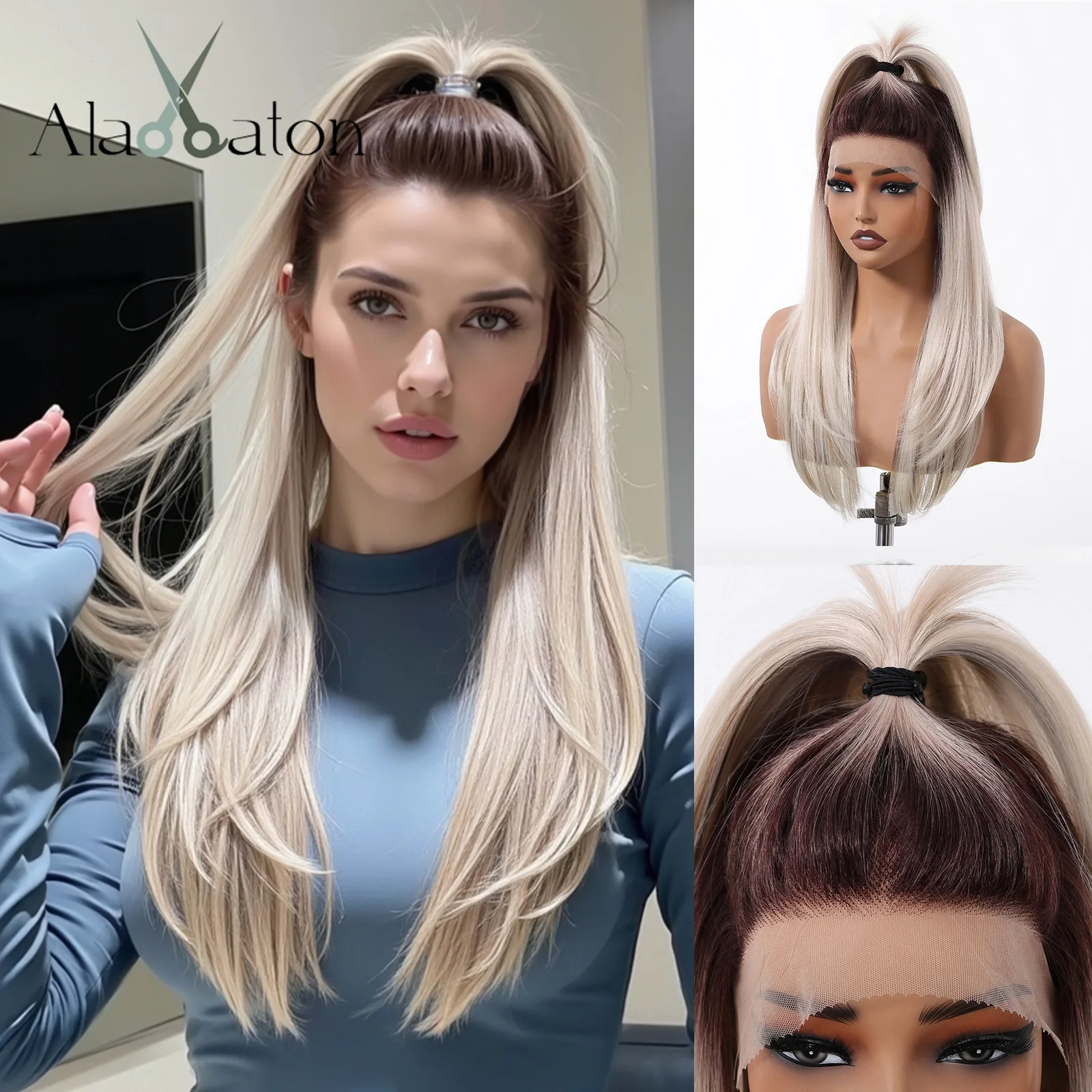 Long Straight Brown Blonde Ombre Synthetic Wigs 13*6 Lace Front Wig for Women 22 Inch Natural Hair Free Part Heat Resistant Wigs