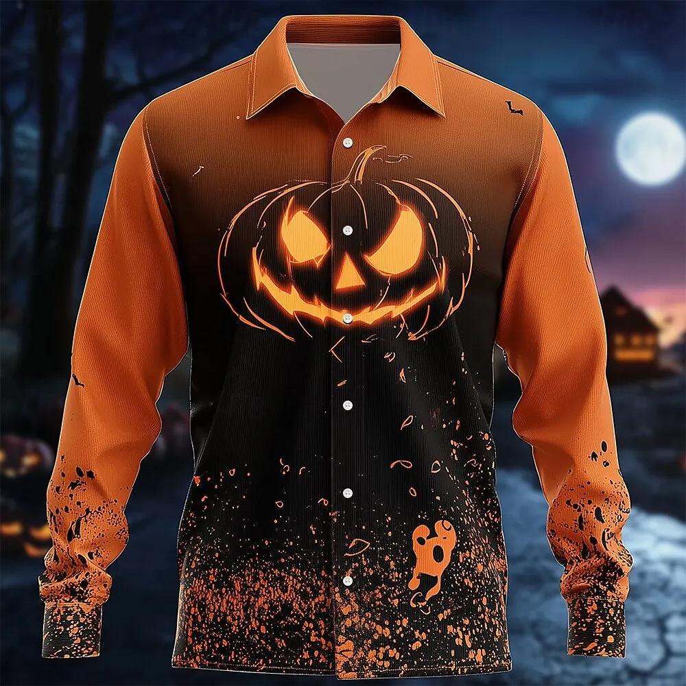2025 Fall Winter Halloween Theme Men's Pumpkin Halloween Costumes Shirt Button Up Shirt Long Sleeve Shirts Gothic Style Tops