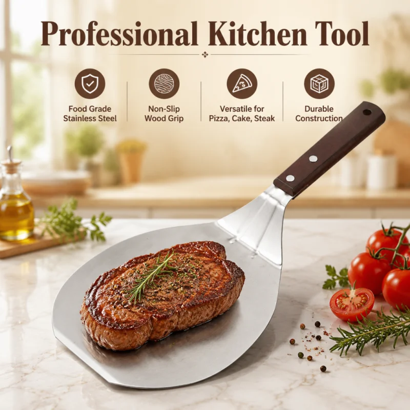 Food Transfer Shovel Pizza Beef Chop Pancake,Barbecue Plate CakeKitchen Transfer Plate Tool Stainless Steel with Wooden Handle