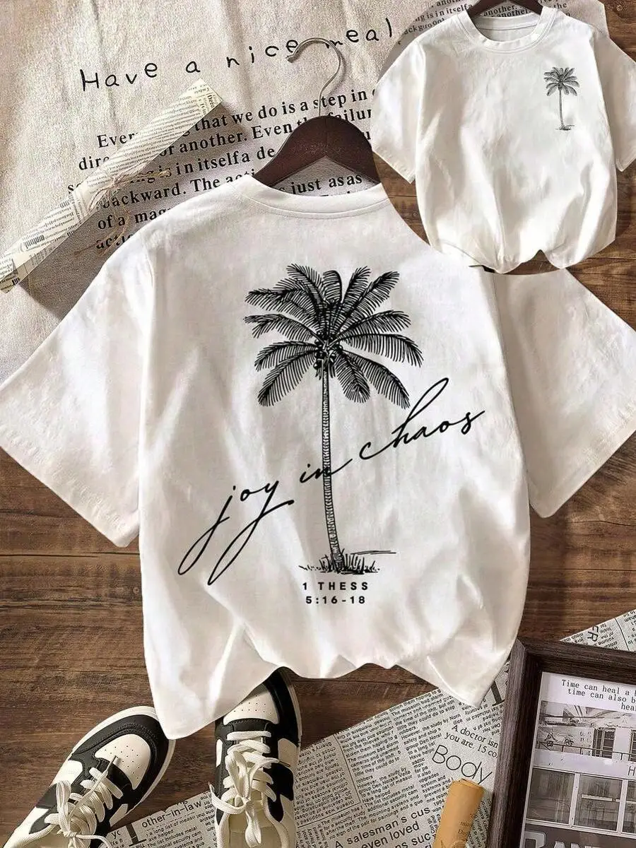 Women Casual Palm Tree Pattern Round Neck Short Sleeve Summer Beach T-Shirt Anti-Wrinkle Cotton T