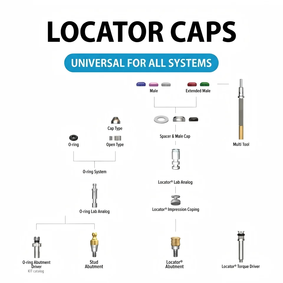 6pcs Dental Implant Locator Caps Overdenture Restoration Attachment Retentive Replacement Male Caps Metal Housing Spacer Dentist