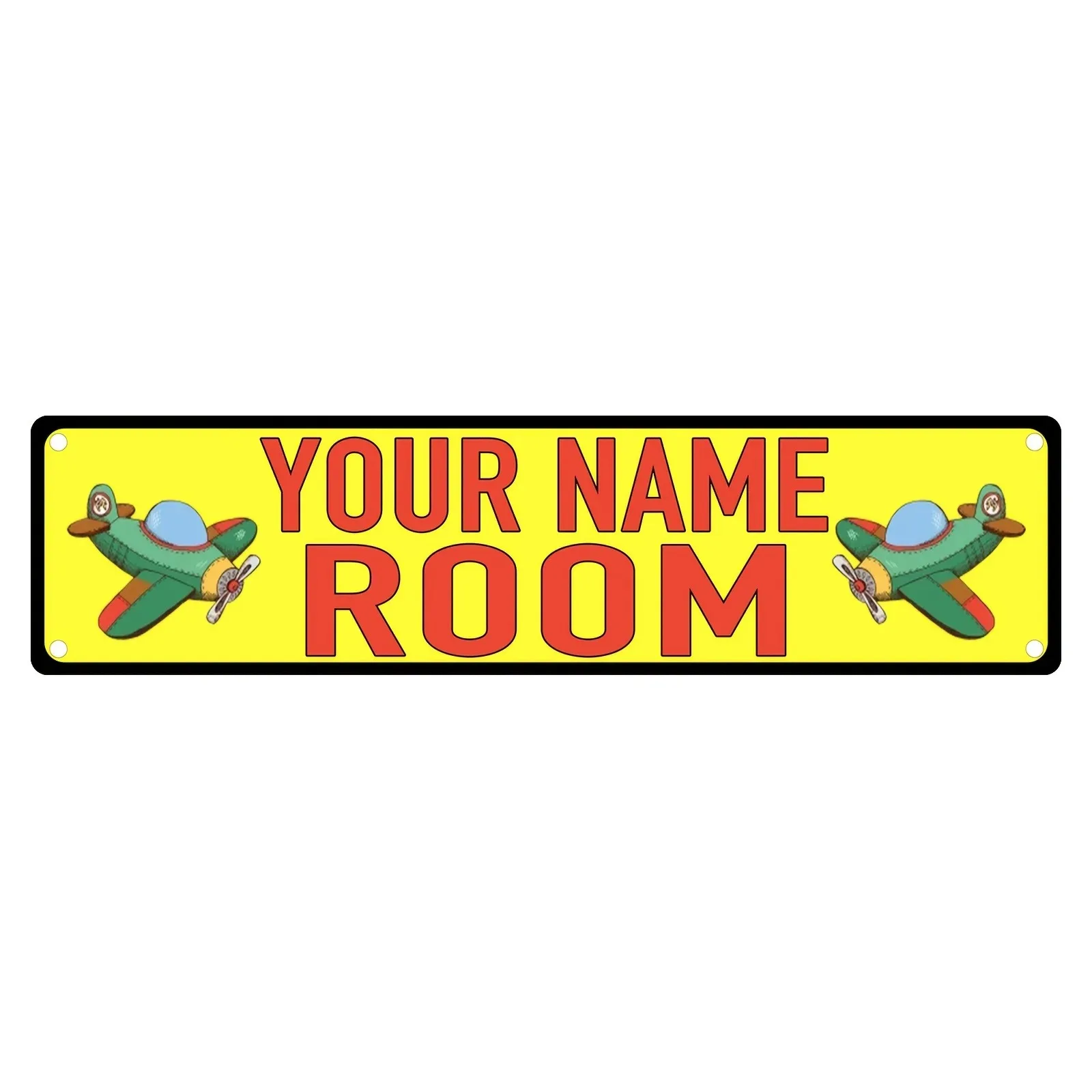 Personalized Name Cartoon Aircraft Kids Room Metal Sign Bright Yellow Background Wall Plaque (Only For Decoration)