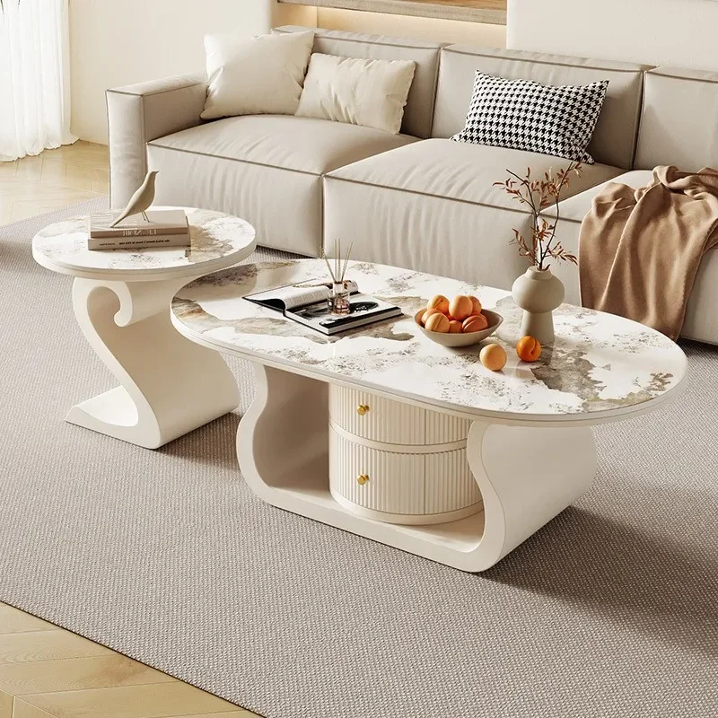 Modern Oval Sintered Stone Coffee Table Small Apartment Living Room Tea Table Sofa Side Table Combination Furniture