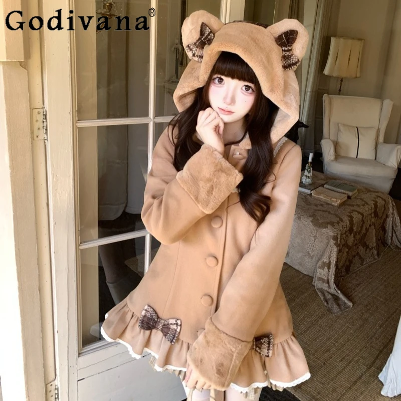 

Winter Hooded Bear Ears Woolen Coat for Women Slim Fit Japanese Style Wool Coats Female High Street Princess Lace Overcoats