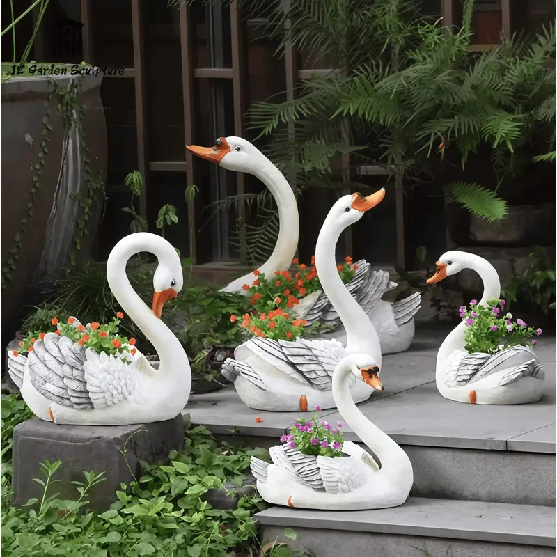 Customized Resin White Swan Flower Pot Sculpture for Outdoor Courtyard Kindergarten Cartoon Animal Garden Decoration