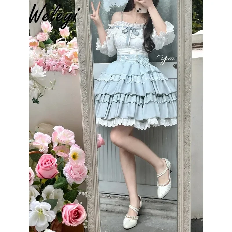 Gentle Lolita Blue Skirt Set for Women 2024 Summer New Sweet Short Sleep Top and Split Three Piece Large Swing JSK Short Skirts