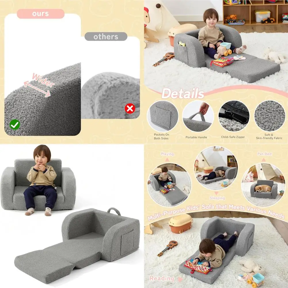 

Трансформируемый диван-кровать для малышей: кресло 2-в-1 для детей 1-3 лет, унисекс, серый шезлонг для игр, чтения, сна