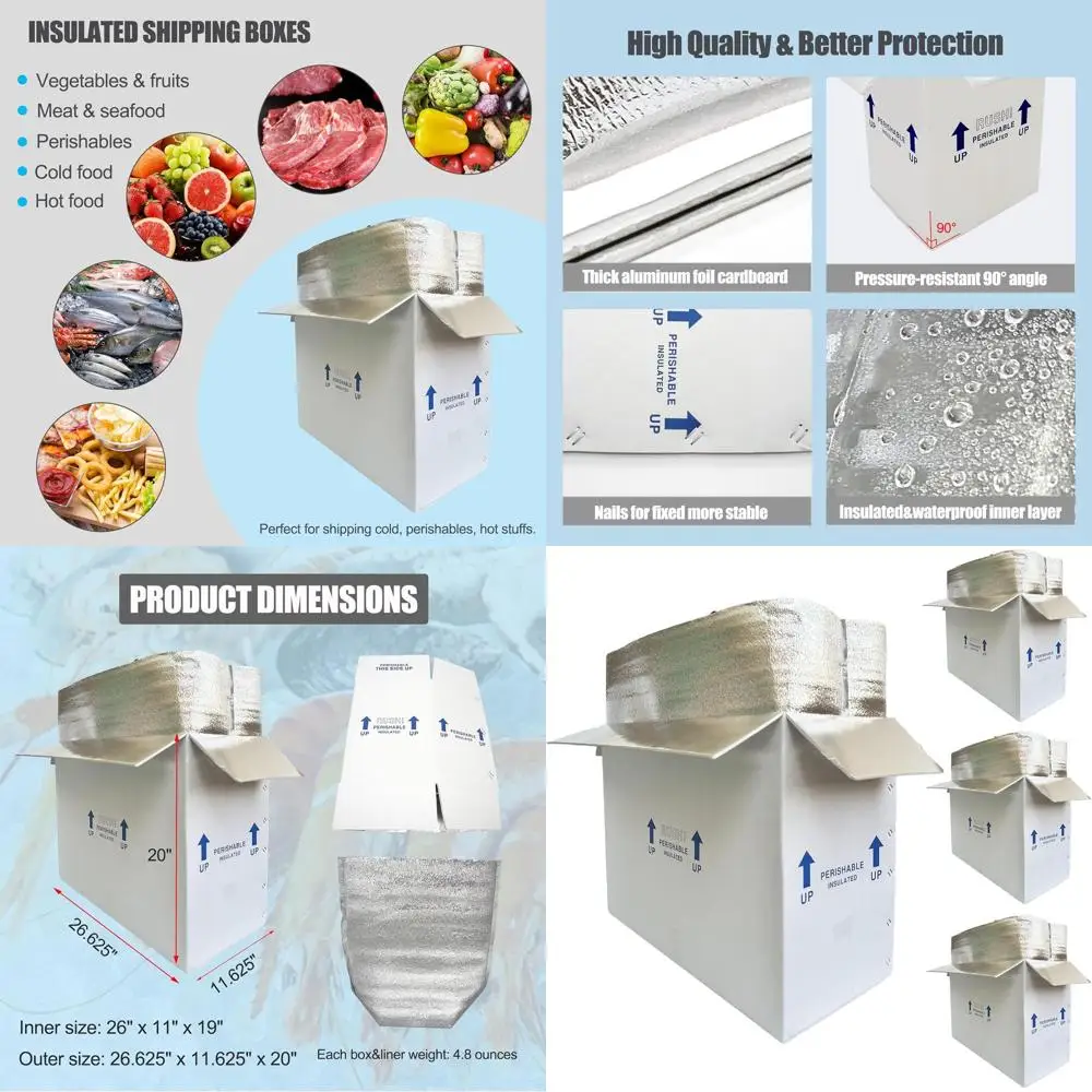 

4-Pack Reusable Insulated Shipping Boxes for Perishable Items with Oil-Insulated Bag Liner