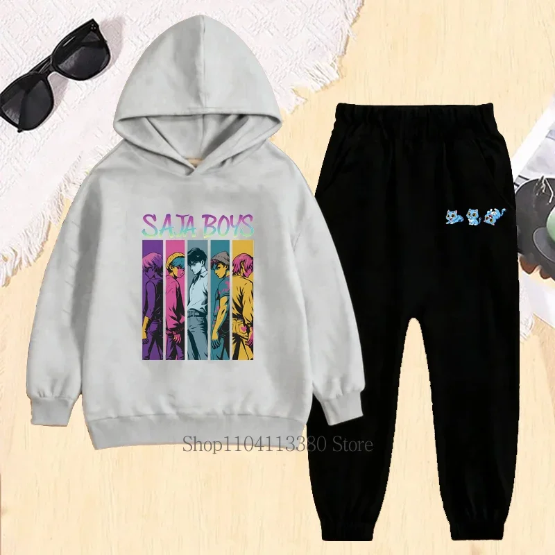 Zestaw dziecięcy z graficznym nadrukiem Saja Boys, jesienno-zimowy, dla dziewczynek i chłopców, casualowy, ciepły, modny, bluzy z kapturem i spodnie, odzież dziecięca z polaru.