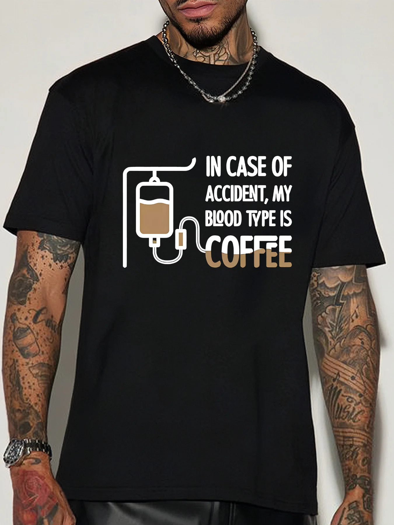 Men Short Sleeve Crew Neck T Shirt Coffee Blood Type IV Drip Funny Slogan Graphic Caffeine Lover Casual Cotton Streetwear Tee