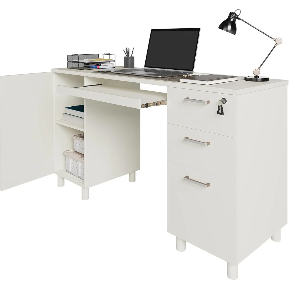 Venice Computer Desk - Office Desk with 3 Drawers & CPU Storage Cabinet - Laptop Workstation with Keyboard Tray & Cable Hole