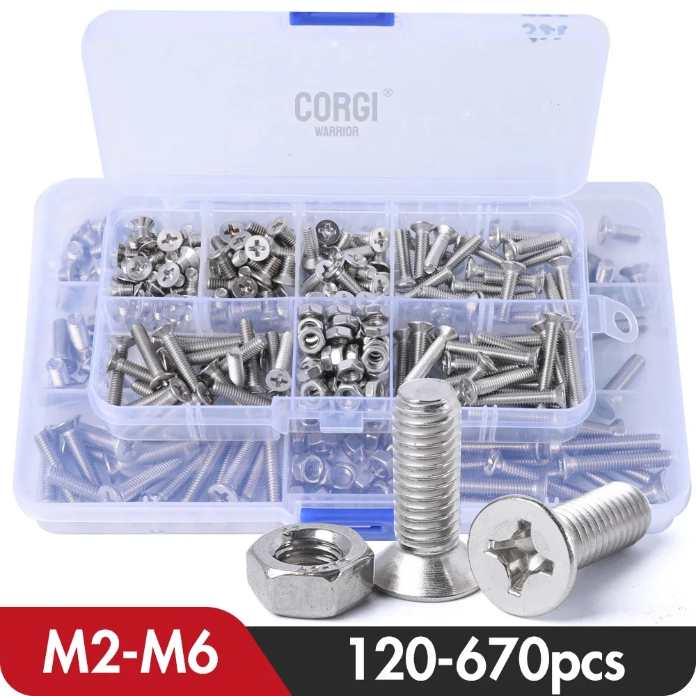 Phillips Flat Head KM Screws Assortment Kit 120-670Pcs M2 M2.5 M3 M4 M5 M6 Stainless Steel PC Laptop Repair Countersunk Bolt Set