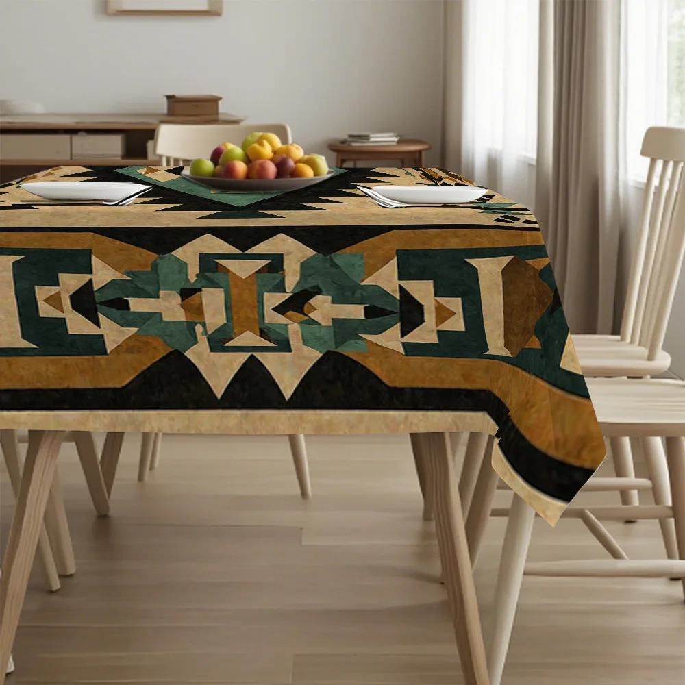 One large rectangular tribal tablecloth - Southwest style turquoise green, brown, beige, blackzyc