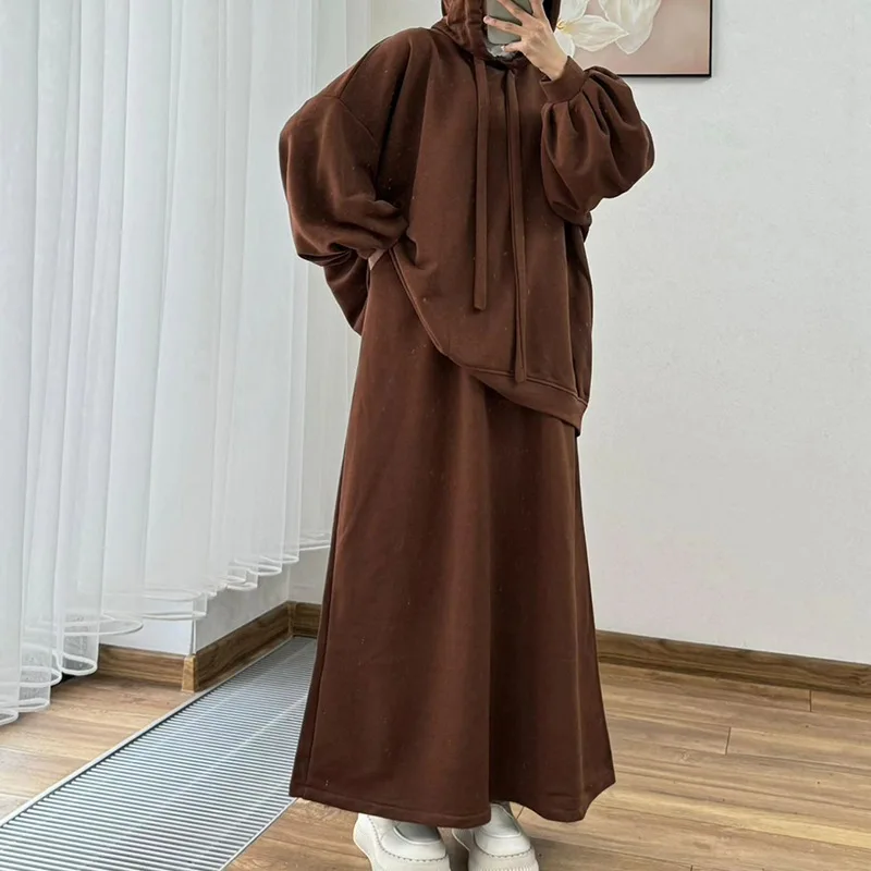 

Middle East Women's Set Two Pieces Suit Long Sleeve Hooded Tops Loose High Waist Skirt with Pocket Dubai Casual Clothing