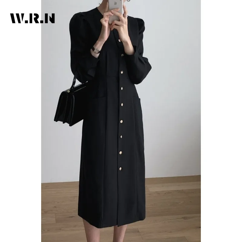 2024 Winter Vintage Long Sleeve Round Neck Midi Solid Color Shirt Dresses Women Elegant Classic Office Lady A-Line Blouse Dress