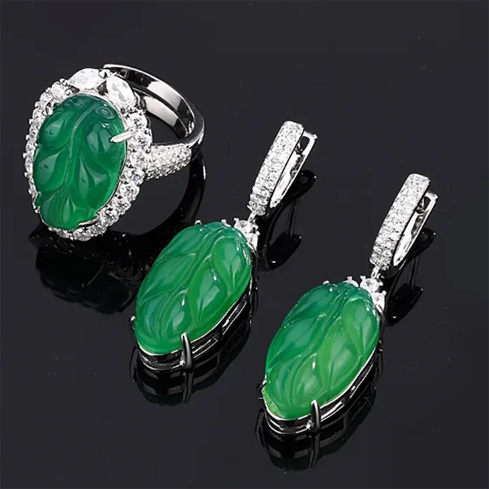 Fashion Elegant Green Jade Leaf Jewelry Includes Adjustable Ring and Earring