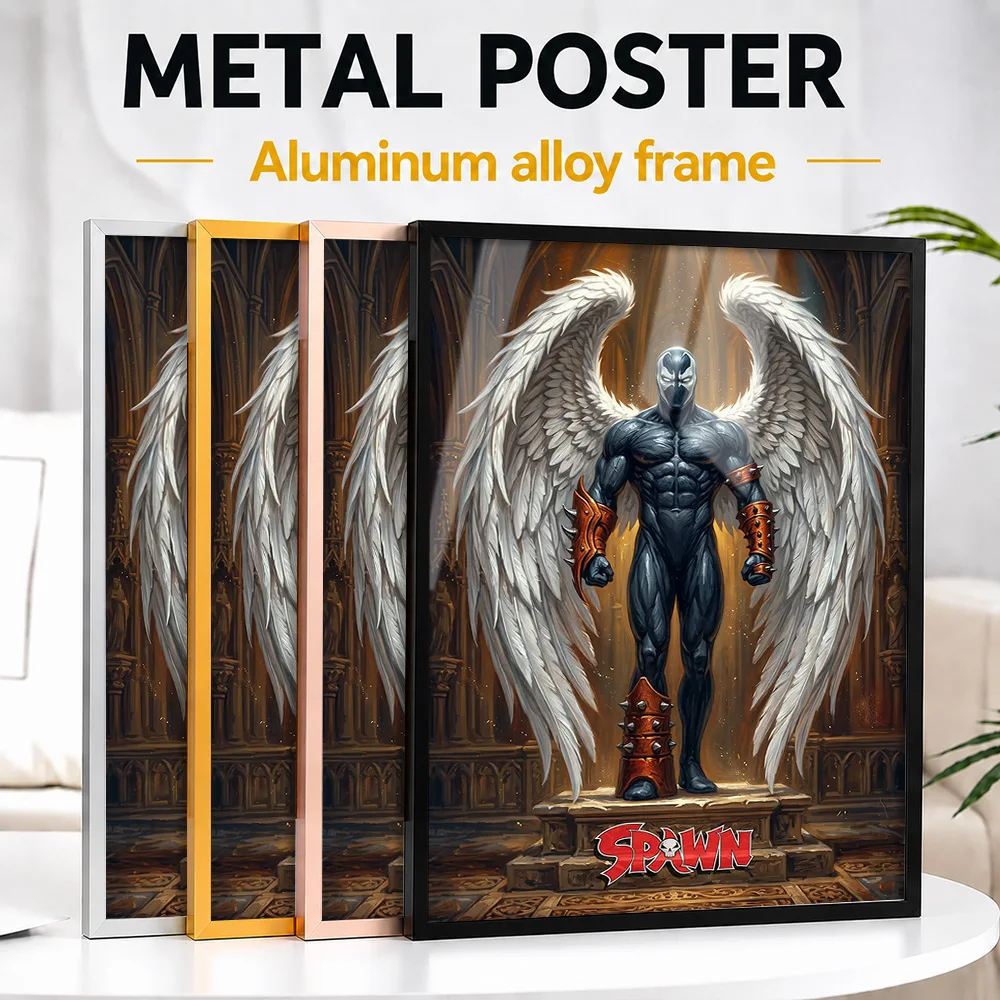 Spawn With Angelic Wings Framed Aluminum Metal Poster Customized Illustrated Wall Art For Media Room, Comic Book Collector Gift
