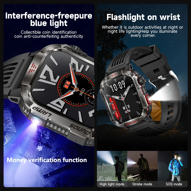 LIGE GPS Tracker Smart Watch Men For Android IOS Bluetooth Call Flashlight Compass Altimeter Waterproof Outdoor Men Smartwatch