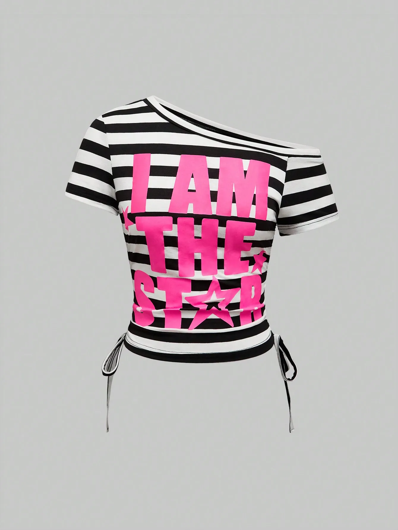 

Y2K I Am The Star Graphic Crop Top with Side Tie, One Shoulder Striped T-Shirt for Women