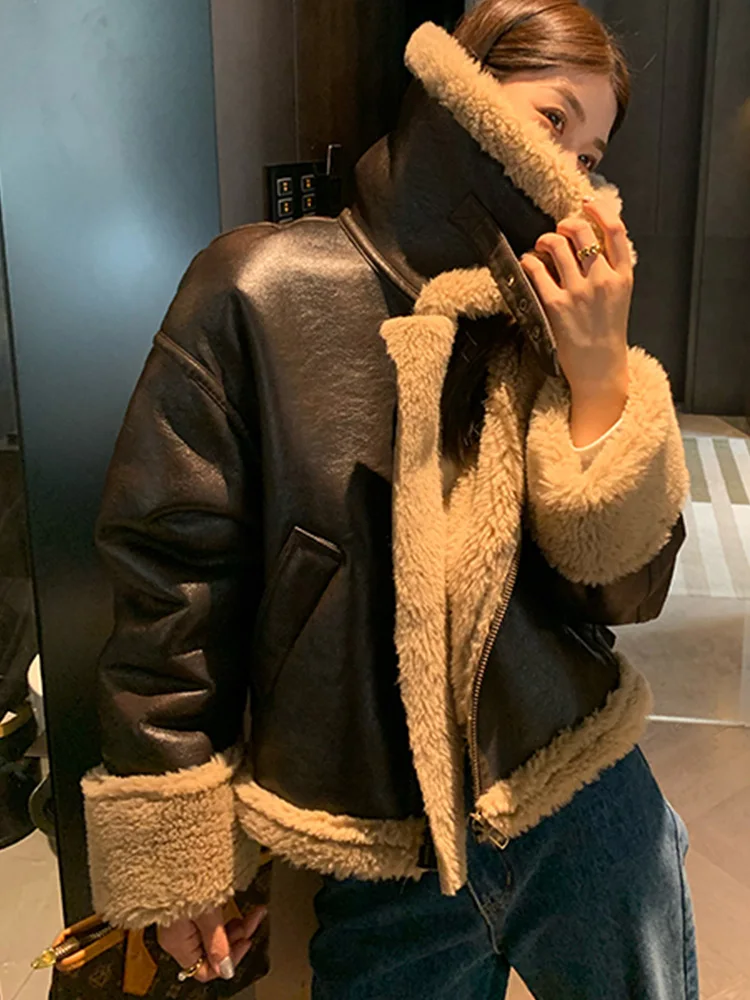 LY VAREY LIN New Autumn Winter Streetwear Faux Leather Lamb Fur Short Jacket Women Vintage Loose Thick Warm Moto Biker Pu Coat