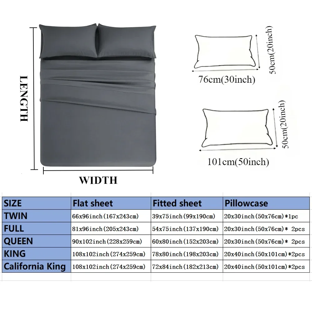 3/4pcs Solid Beding Set, Waterproof Fitted sheet&Bed Sheet&Pillowcases Soft, Queen, KIng, Full, Twin Size White and Gray시트 세트