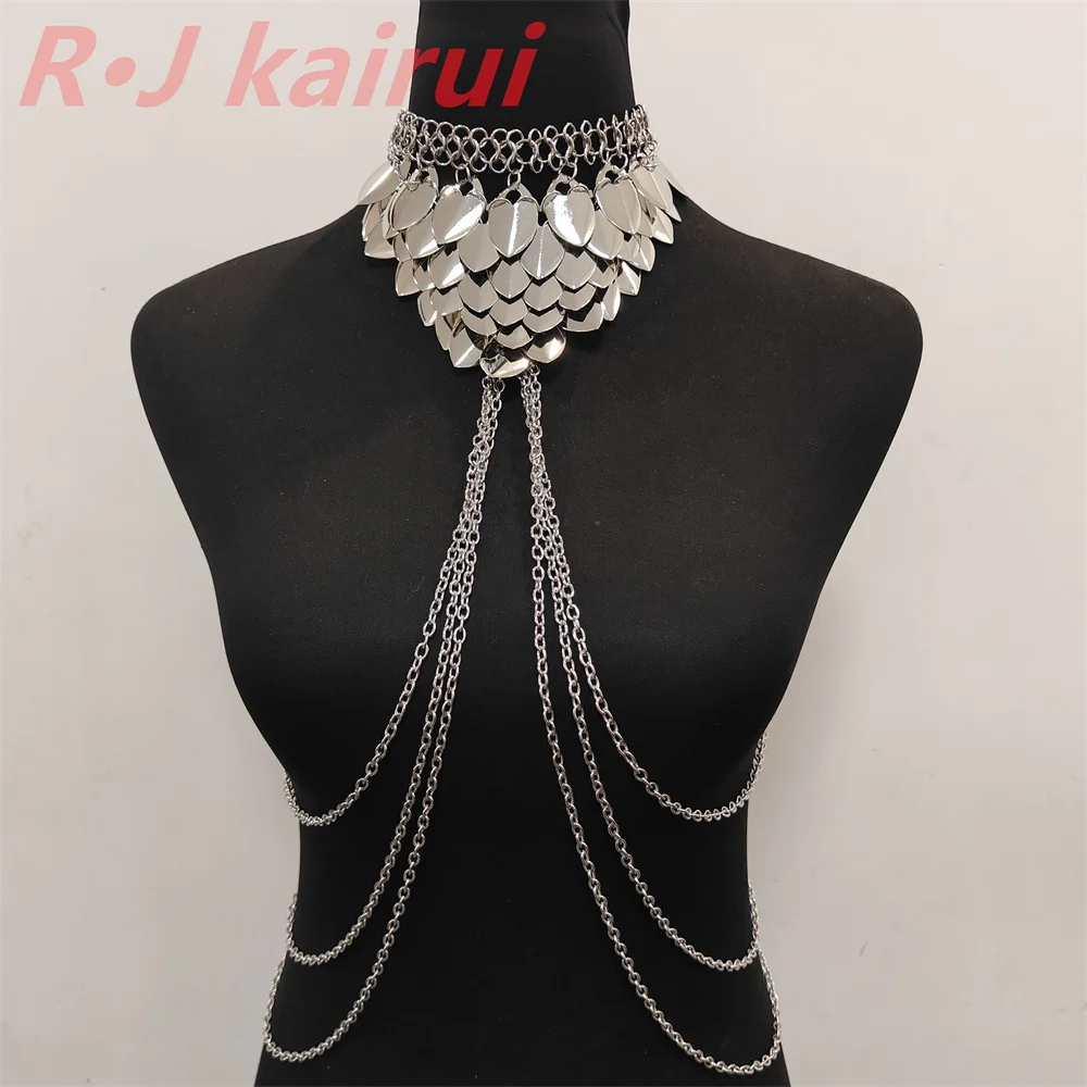 New Fashion Mermaid Silver Fish Scales Necklace Layers Chainmail Dragon Scale Jewelry 5 Colors view 4