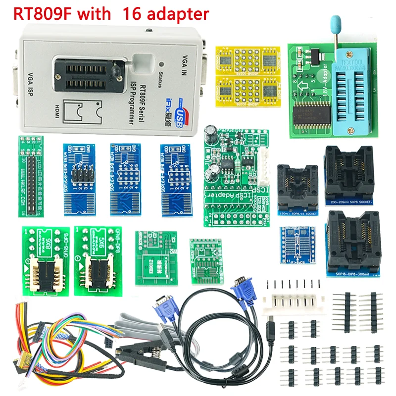 RT809F Serial ISP Programmer + 16 Adapters +1.8v Adapter+SOP8 Test Clip+EDID Cable +ICSP Bios Universal Programmer