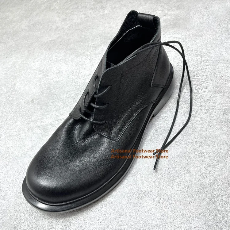 

Thick Soled Black Derby Shoes for Men Round Toe Lace Up Leather Casual Shoes Soft Leather Soft Sole Mid Top Boots for Men