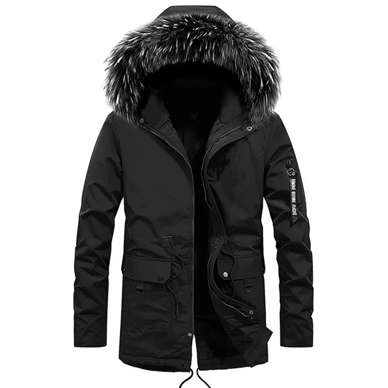 Mens Winter Long Windbreaker Jackets Mens Casual Loose Hooded Fur Collar Parkas Down Coats Outdoor Thick Warm Waterproof Outwear