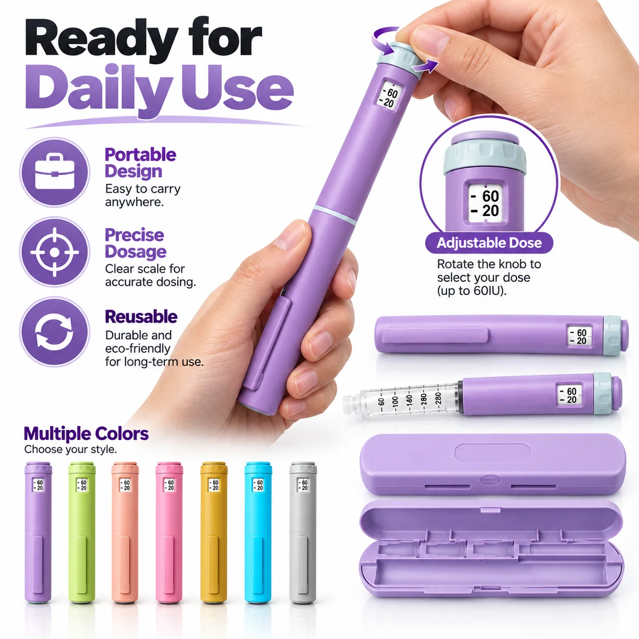Reusable 60IU Adjustable Injector V2 Insulin Injection Pen Syringe Peptide Dosage Control Injector Dosing Pens with Storage Case