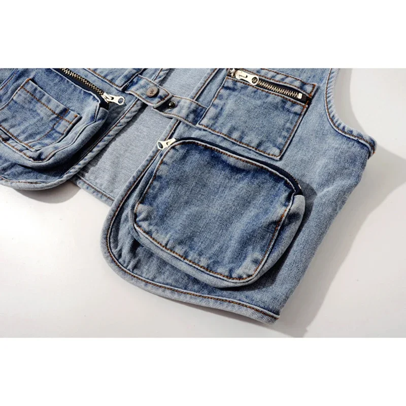 Vintage Blau Dünne Denim Westen Frauen Dünne Kurze Student Cowboy Weste V-ausschnitt Große Tasche Ärmellose Jeans Jacke Mantel Weibliche