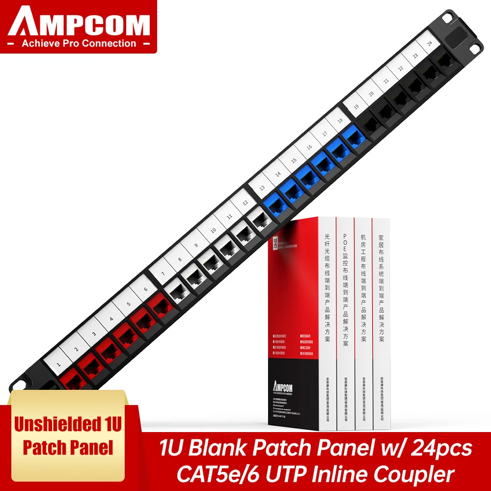 AMPCOM 24 Port RJ45 Through Coupler Patch Panel with Back Bar, Wall Mount or Rackmount, CAT5E ,CAT6 ,CAT6A UTP  Keystone Jack