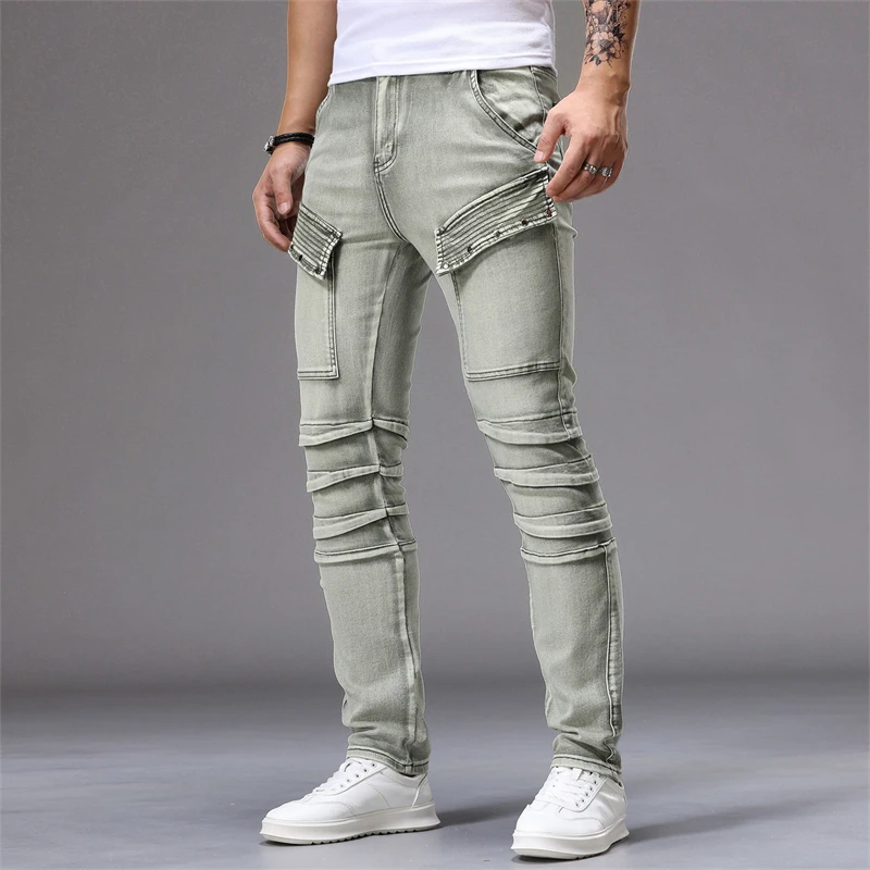 Green Skinny Hip Hop Jeans Harajuku Y2K Trousers Fashion Streetwear Vintage Splicing American Elastic Slim Biker Denim Pants