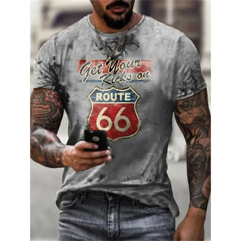 California Retro Fashion Route 66 Motorcycle 3D Printed Men\'s T-shirt Fashion Extra Large Round Neck T-shirt Street Clothing