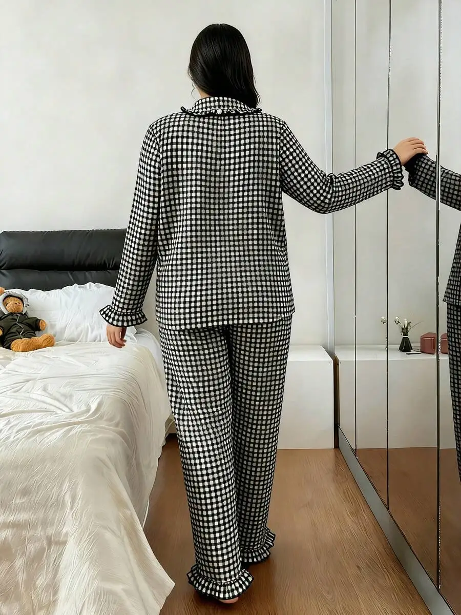 Plaid Lapel Pajama Set For Women Long Sleeve Sleepwear
