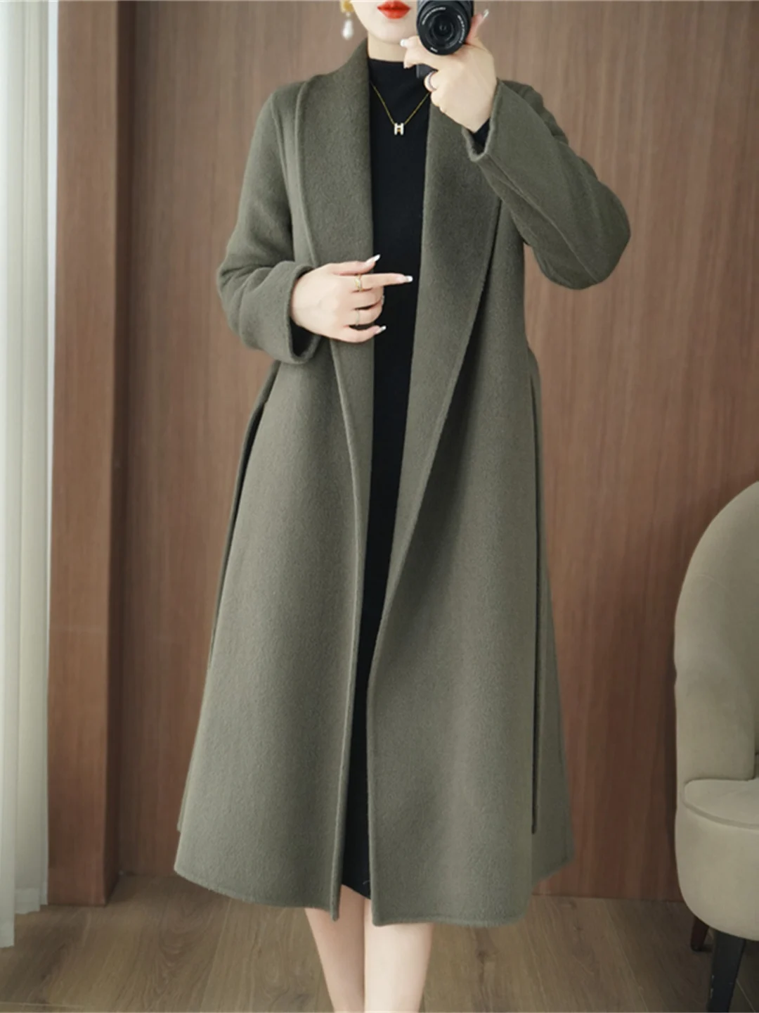 가을 겨울 양면 카메라 코트 여성용 중간 길이 울 100% 트위드 자켓 벨트 포함 다용도 슬리 한국 스타일