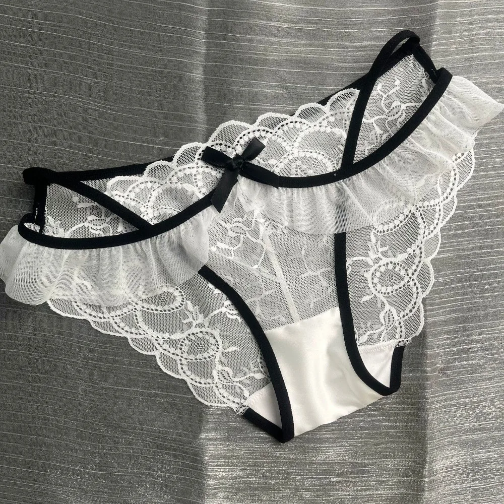 

Quick Dry Mesh Ruffle Floral Bowknot Panties Lace Hollow Out Female Lingerie Underwear Low Waist Underpants Girl