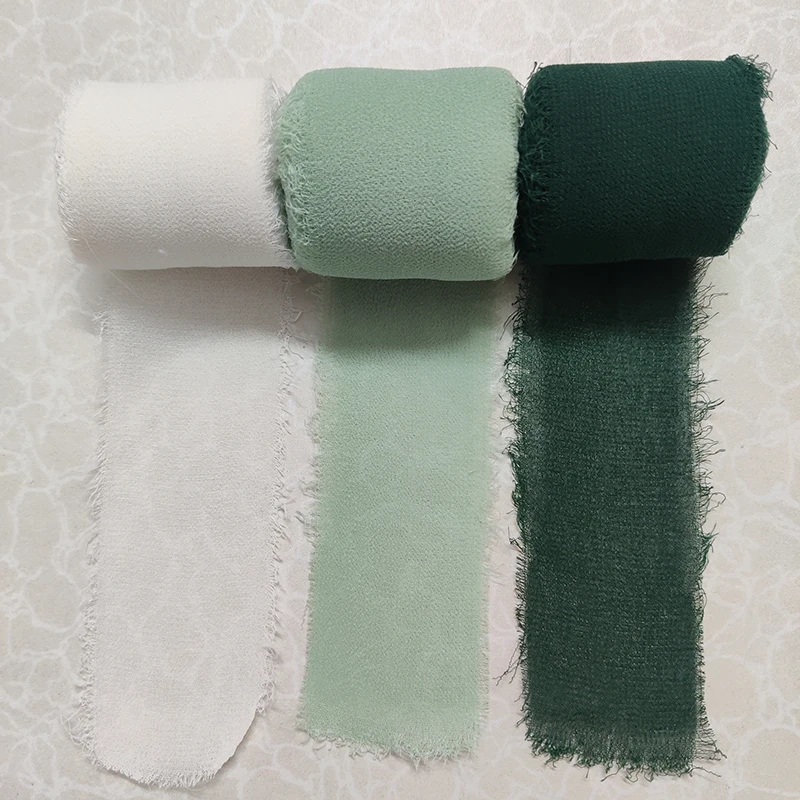 3 Rolls Handmade Fringe Chiffon Silk Ribbon Gauze White & Green Ribbons Set For Wedding Gifts Wrapping DIY Decorations