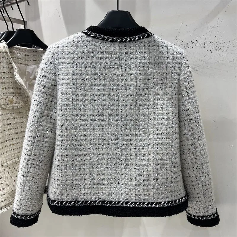 2024 New Spring Autumn Winter Coarse Tweed Jacket Casaco Feminino Women Fashion Coat:Top Round Neck Casual Suit Jacket Female