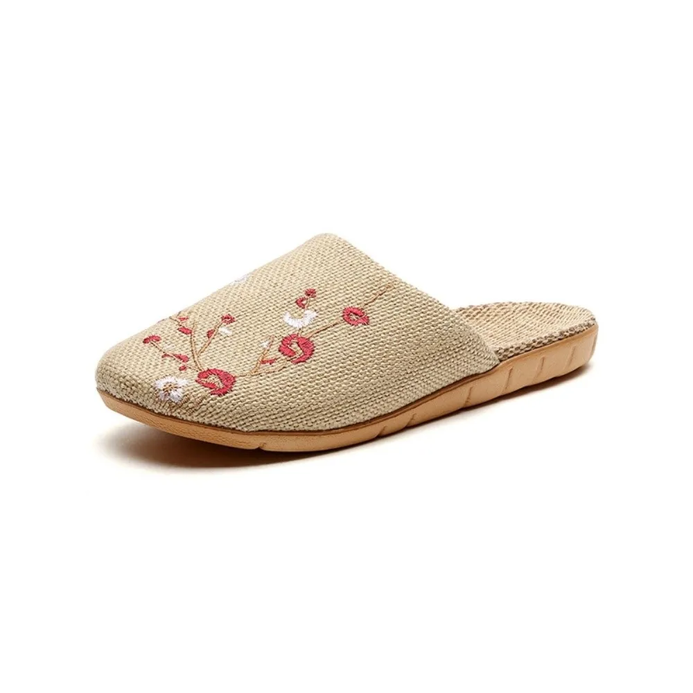 

Embroidery Flower Bamboo Indoor Slippers Non-Slip Soft Bottom Plum Blossom Slippers Sandals Linen Women Men Slippers Home