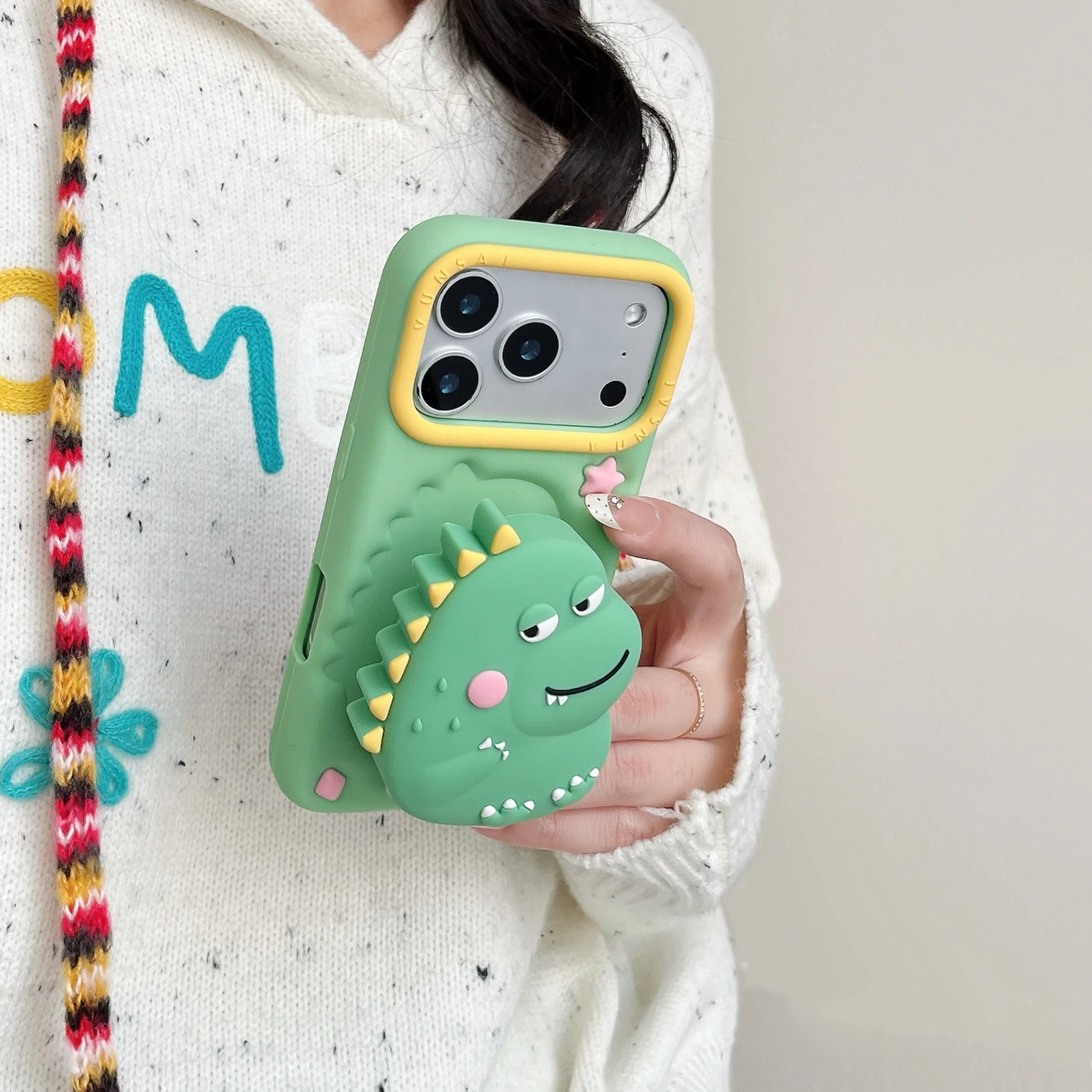 

17Promax Hoder For iPhone 13 14 15 16 17 ProMax 3D Cute Cartoon Dinosaur Phone Case Soft Silicone Case Phone Back Cover Bracket