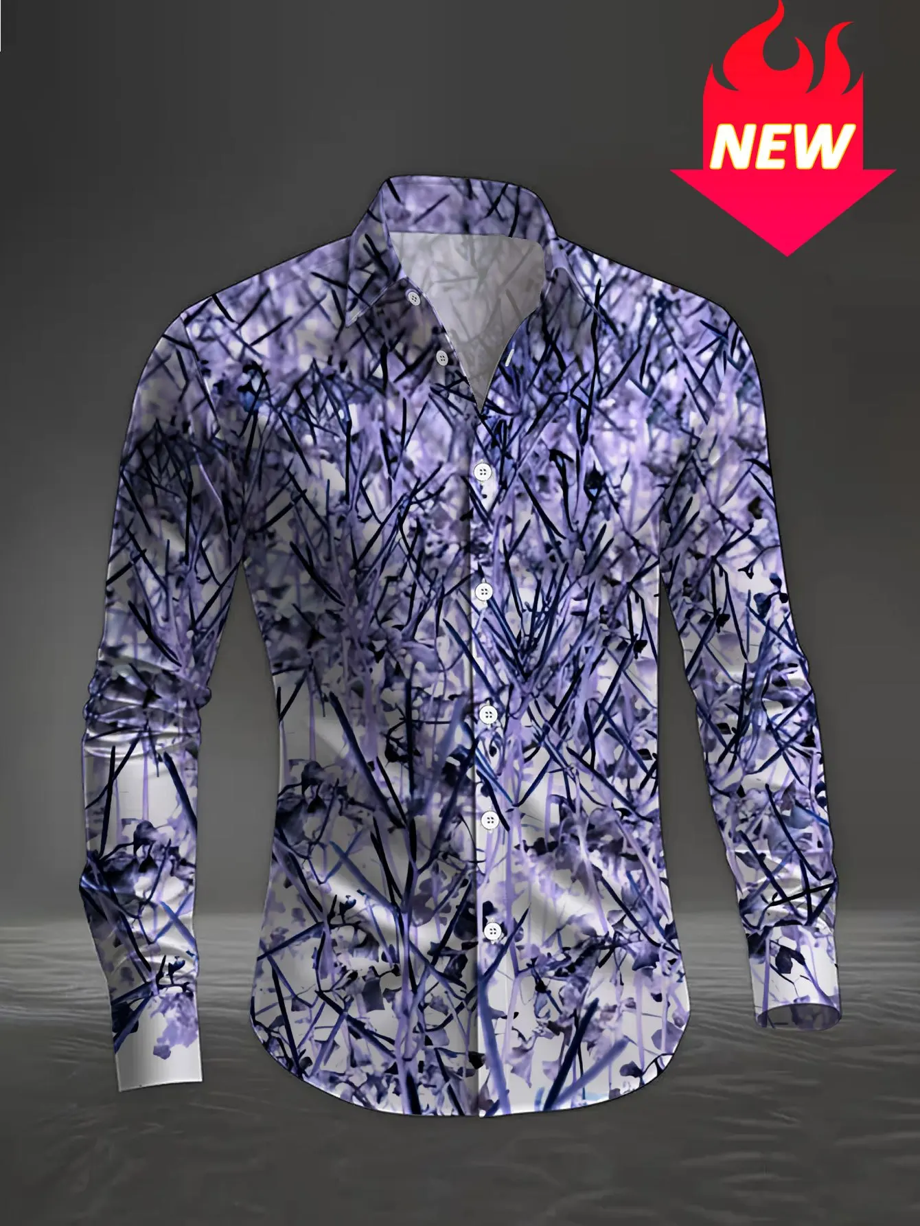 Men Long Sleeve Button Down Shirt Purple Abstract Line Splash Ink Print Polyester Lapel Collar Casual