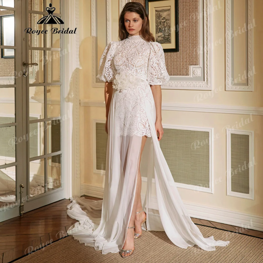 High Neck Puff Short Sleeve A‑Line Wedding Dress Vintage Crochet Lace 3D Flower Keyhole Back  Vestido De Novia Customized