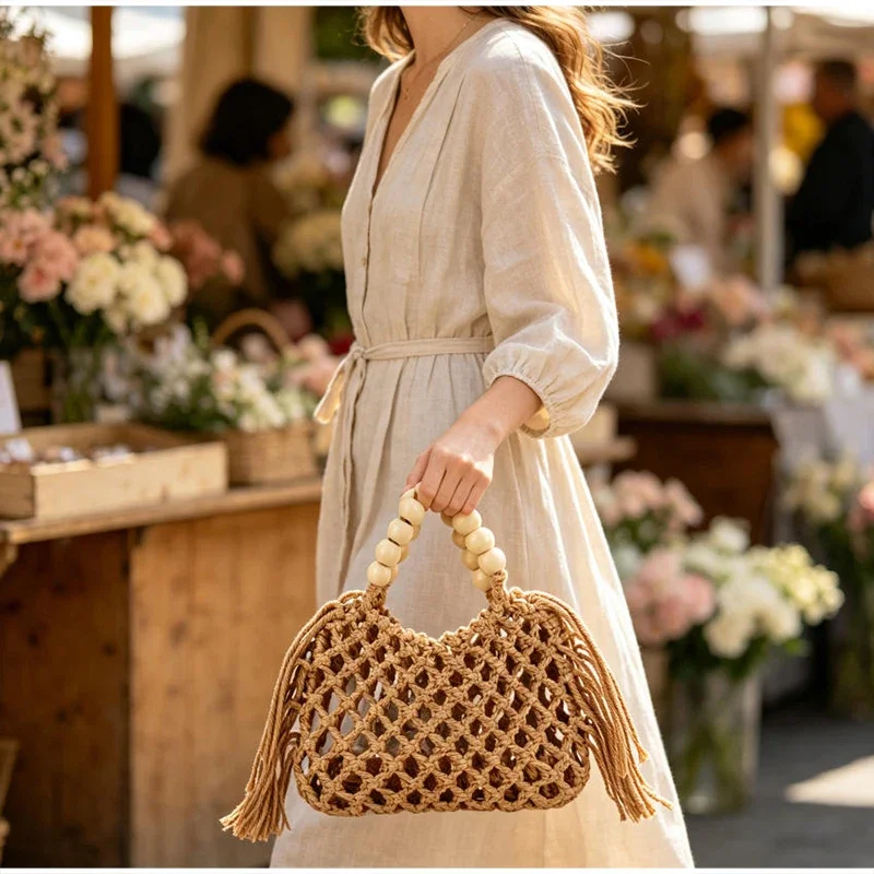 Boho Häkel-Handtasche mit Aushöhlungen und Quasten, Holzperlen-Griff, Gewebte Strandtasche, Sommer-Urlaub Strohtasche, Damen Casual Schultertasche – Detail 11