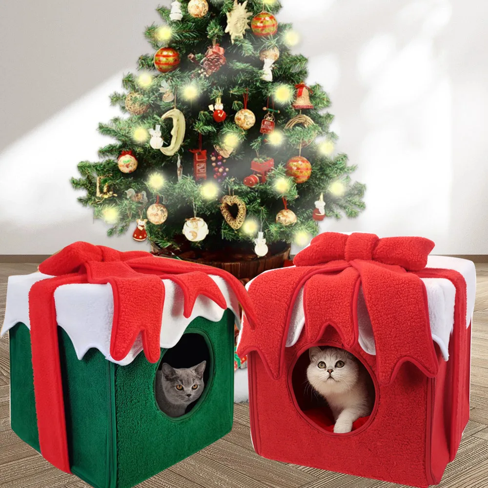 Christmas Gift Box Cozy Nesk Cat House Cave Dog Kennel Winter Warm House Four Seasons Universal Sweet Kittens Basket Bed