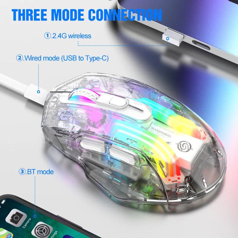 Estetyczna przezroczysta bezprzewodowa mysz dla kobiet, RGB, trójtrybowa, Bluetooth, ładowalna mysz gamingowa do laptopa, PC, biura. — zdjęcie produktu 4