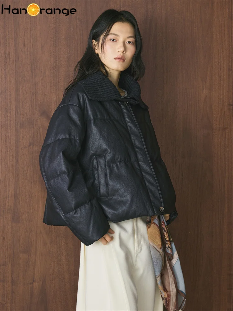 HanOrange 2026 Winter Fashion Splicing PU White Duck Down Parkas Women Comfortable Warm Jacket Black Dark Blue