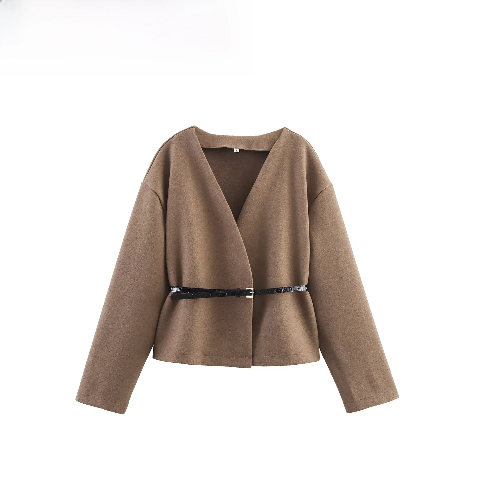 سترة ناعمة برقبة على شكل حرف V وأكمام طويلة مع حزام على الطراز الفرنسي ملابس نسائية ZA Wind Fashion ألياف البوليستر اتجاه الشارع